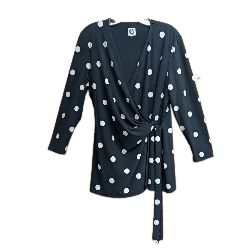 Anne Klein Women's Tunic NO SIZE Polka Dot Faux Wrap Tie Waist Stretch Workwear